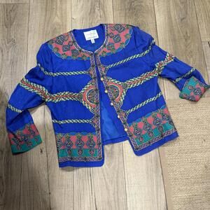 Adrianna Papell Safe Silk Blue Embroidered Women's Jacket Size 16 Vintage